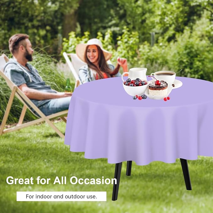QIKSION Lavender Round Tablecloth 2 Pack, 84 Inch Plastic Table Cover Disposable for Parties