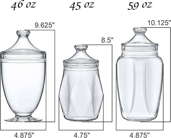 Amazing Abby - Enchant - Plastic Apothecary Jars (3-Piece Set, 46/45/59 oz), Acrylic Jars with Lids, Bathroom Canisters, Candy Buffet, Wedding Display, BPA-Free and Shatter-Proof (NOT Glass)