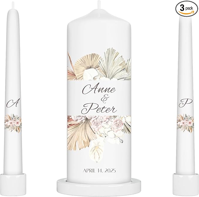 Unity Candles for Wedding, Modern Unity Set, Custom and Personalized Pillar and Taper Candles, Unscented White Premium Wax, Religious and Wedding Ceremony, Special Events (Palm)
