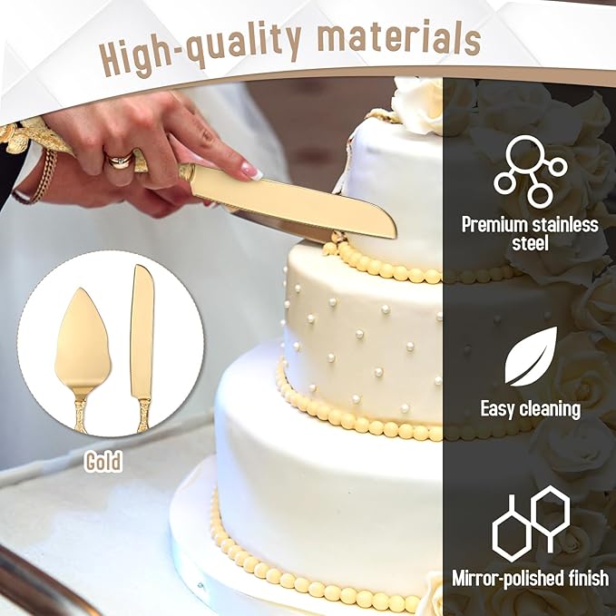 Cake Cutting Set for Wedding, Personalized Gold Cake Knife and Server Set, Custom Cake Serving Set, Engraved Pastry Pie Server Cake Pizza Cutter, Birthday Bridal Gift