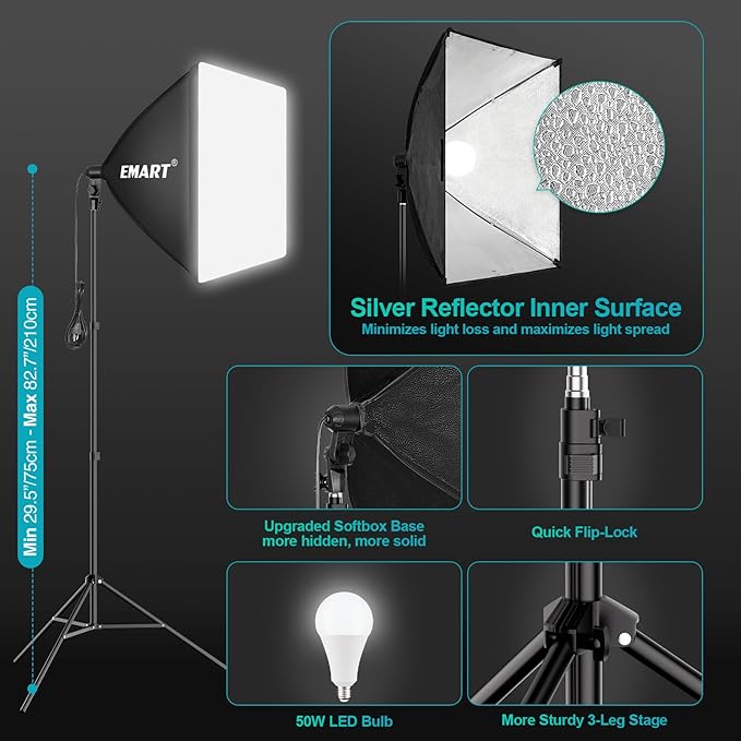 EMART 8.5 x 10 ft Backdrop Support System, Professional Photography Lighting Kit with 50W LED Bulb, Reflector, 6 * 9ft Backdrop *3, Umbrellas&Softbox Lighting Kit for Studio, Portrait, Video Shooting