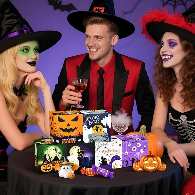 ScandiCasis 12 PCS Halloween Treat Boxes, 6 color, Halloween Treat Bag Stuffers with Rich Classic Elements Such as Ghosts, Witches, Bats Children's Bags Party Favors and Party Decorations