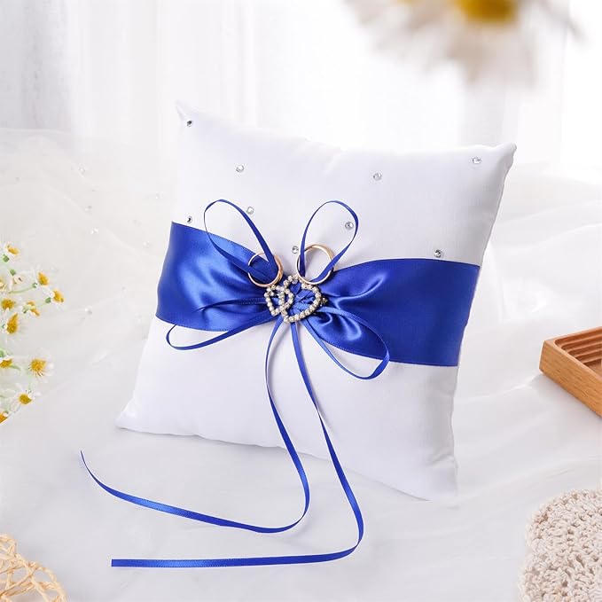 QIRMIZI Ring Pillow,Pearls Ring Cushion, Ring Bearer, Ring Holder for Beach Wedding, Wedding Ceremony, Proposal,Blue, White, R04 (Pack of 1)