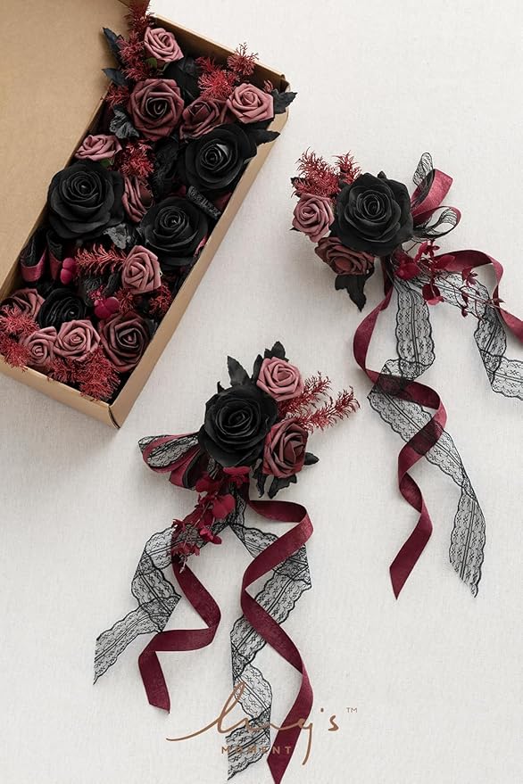 Ling's Moment 8 Wedding Artificial Aisle Pew Flowers Chair Decorations Arrangements with Chiffon Ribbons Black Burgundy for Ceremony Chair Back Floral Decor Reception Church Rose Party Outdoor
