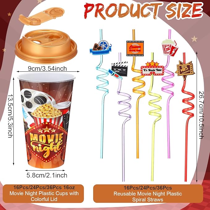 Yungyan 16 Sets Movie Night Party Favors Goodie Cups with Lids and Straws for Halloween Party Decorations Reusable 16oz Plastic Candy Cups Plastic Straws for Birthday Gift(Movie Night)