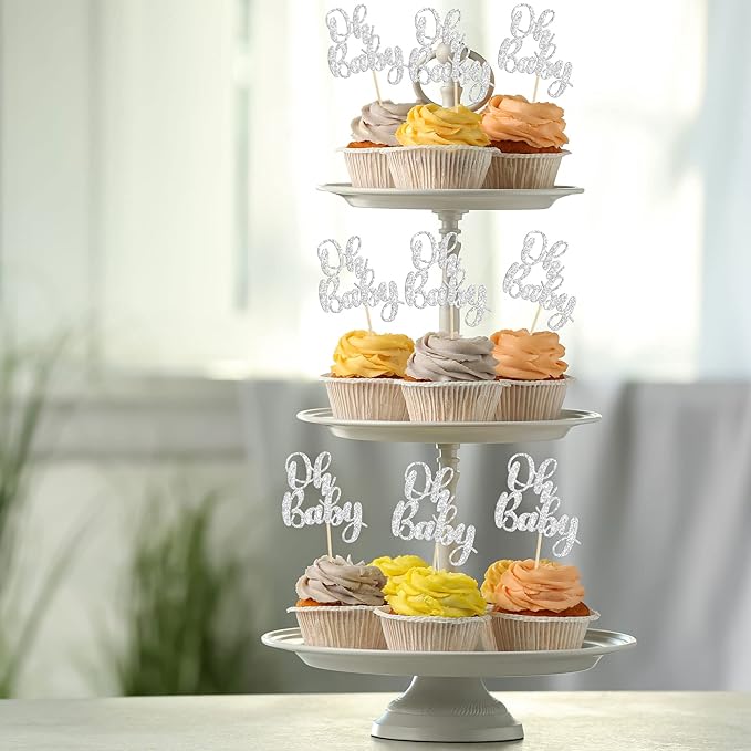 Gyufise 36 Pack Oh Baby Cupcake Toppers Silver Glitter Baby Shower Cupcake Picks Boys Girls Birthday Party Cake Decorations