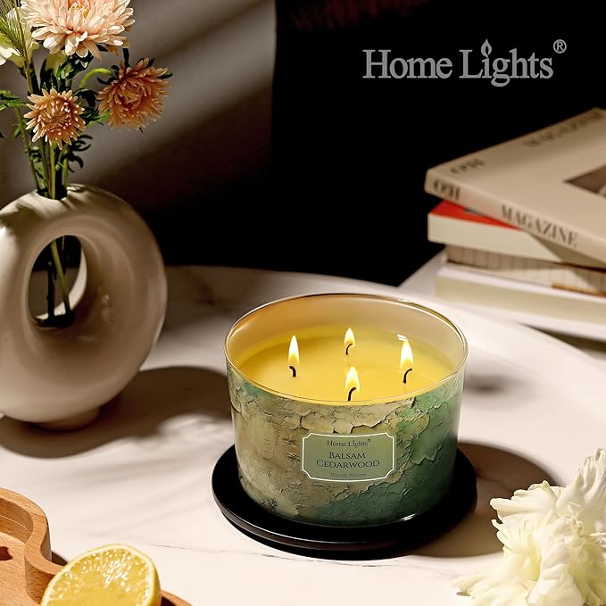 HomeLights Balsam Cedarwood Scented Candles | 18oz Soy Candles Industrial Chic 4-Wick Large Candle Jars | Ideal Candle Gifts for Events, Home Decor Stress, Relief & Relaxation
