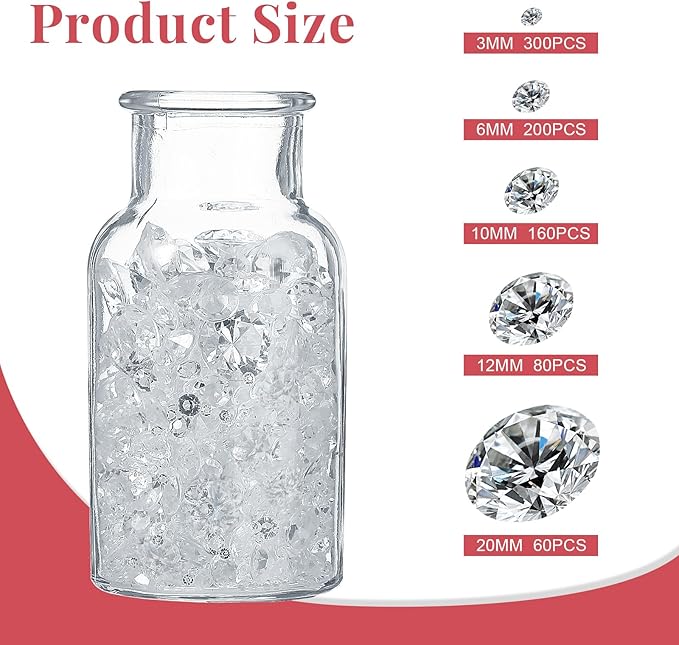 Hicarer 800 Pieces Diamond Decorations Acrylic Diamond Table Scatter Crystals for Table for Vase Fillers Party Decorations (20, 12, 10, 6, 3mm,Clear)