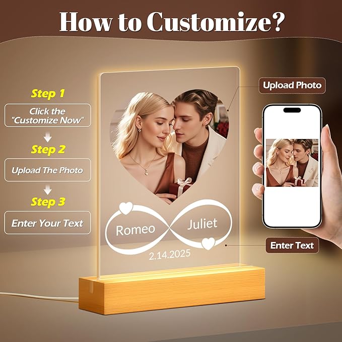 Custom Picture Frames with Photo, Personalized Photo Frame with Night Light, Customized Picture Frames, Personalized Anniversary Couple Gifts for Women, Men, Him, Her, Boyfriend, Girlfriend