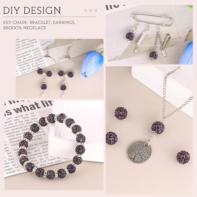 150pcs 10mm Rhinestone Beads for Jewelry Making, Dark Purple Shiny Round Shamballa Disco Beads Bulk, Sparkle Crystal Clay Christmas for Bracelet Baseball Necklace Earring Crafting and DIY