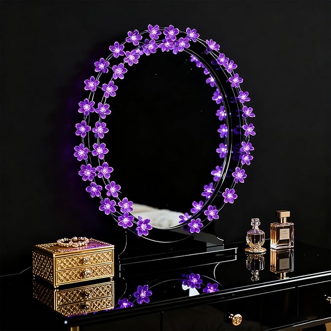 Decorative Flower String Lights, 33ft 100 LED Clear Wire Plug in Fairy Lavender Cherry Blossom Easter Christmas Hanging Decorations, Violiet Wedding Party Indoor Outdoor Decorations (Purple)