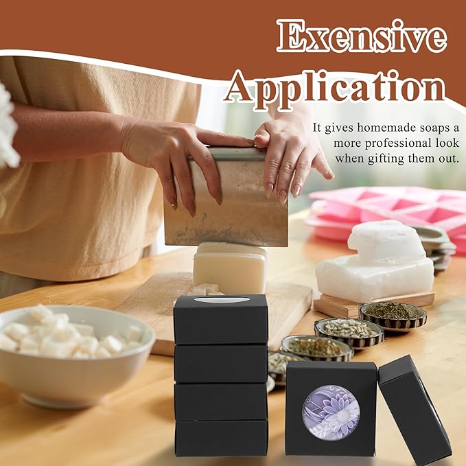 ADLABLD 150 Pcs Small Soap Boxes with Window for Homemade Soap Packaging, 3 * 3 Inch Black Soaps Wrappers Favor Gift Boxes for Homemade Soaps, Candy Chocolate, Bakery Cookies, Party Favor Box