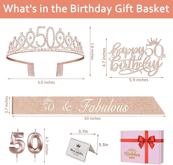 50th Birthday Decorations for Women, Including 50th Birthday Sash and Crown, Cake Topper and Candles, 50 Year Old Gifts for Women