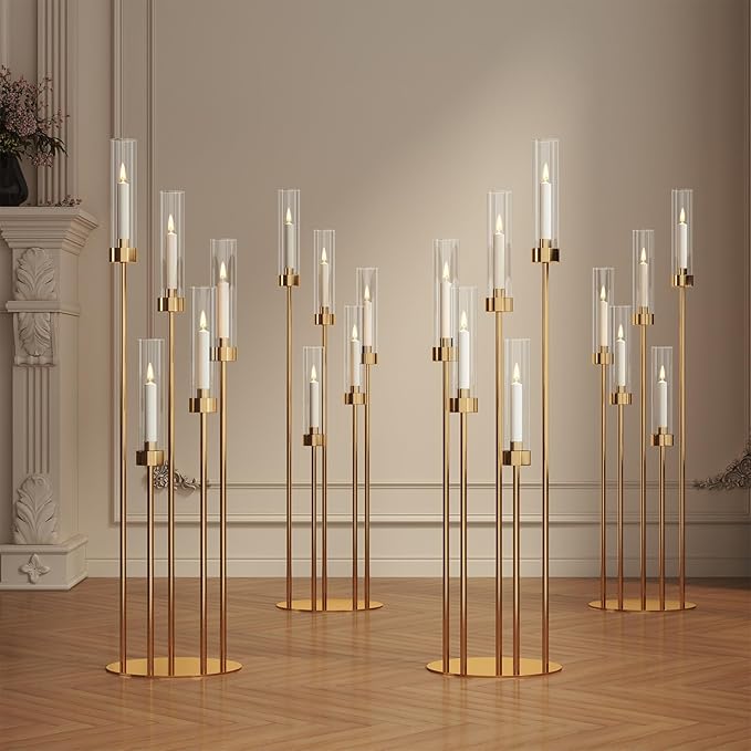 42.5'' Floor Candelabra 5 Arm Candelabra Centerpieces for Tables Gold Candle Sticks Holder 4 Set Tall Metal Candlestick with Acrylic Lampshades for Home Christmas Party (Round)