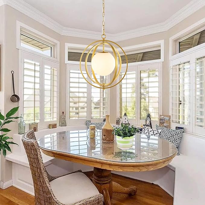 Gold Orb Chandelier 1 Light Globe Pendant Light Fixtures with White Globe Glass Lampshade Hanging Ceiling Light for Dining & Living Room, Bedroom, Foyer and Kitchen Island