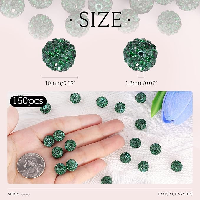 150 pcs 10mm Rhinestone Beads for Jewelry Making, Dark Green Shiny Round Shamballa Disco Beads Bulk, Sparkle Crystal Clay Christmas for Bracelet Baseball Necklace Earring Crafting and DIY