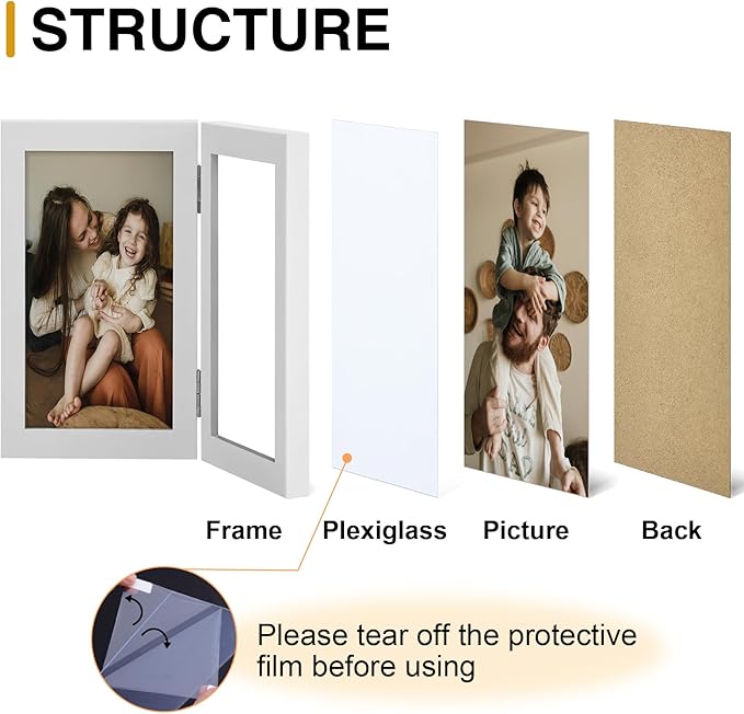decorUhome Double 4x6 Picture Frame Vertical, Engineered Wood Bifold Photo Frame with Plexiglass for Tabletop Display, 4x6, White