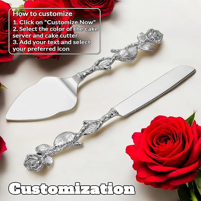 Personalized Wedding Cake Knife and Server Set, Custom Name/Date Cake Cutting Set for Wedding, Customized Cake Cutter for Bridal Anniversary Birthday Couple Gifts (Rose-Silver)
