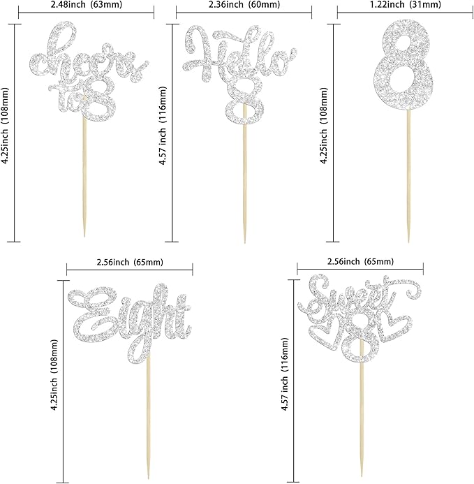 30Pcs 8th Birthday Cupcake Toppers Glitter Eight Hello 8 Cupcake Picks Cheers to 8 Years Old Cake Decorations for 8th Birthday Party Supplies Silver