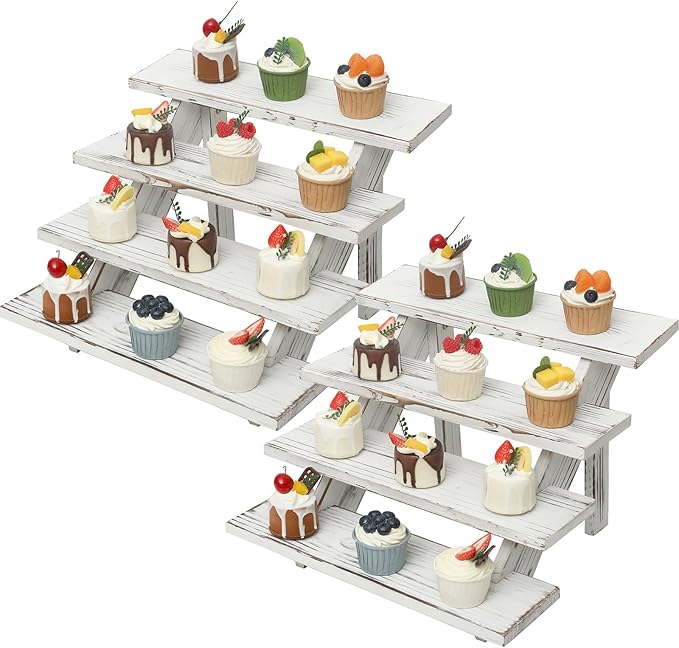 Swallowliving 2pcs Wooden Rustic Cupcake Stand for 24 Cupcakes, Stepped Wood Display Stand for Weddings, Tiered Party Table Display Riser for Food, Dessert, Cookie, Decor, Craft Show, White