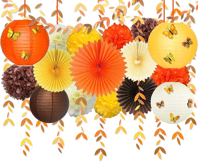 Fall Party Decorations Kit Yellow Orange Brown Paper Hanging Fans Lantern Flowers Pom Pom with 3D Butterfly Autumn Leaves Garland for Wedding Bridal Shower Birthday Harvest Thanksgiving Party Supplies
