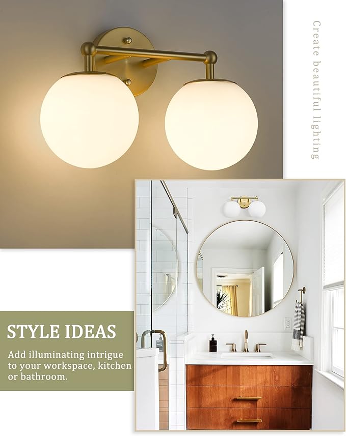 Gold Bathroom Light Fixtures, 2-Light Vanity Lights Over Mirror Wall Sconce with White Etched Glass Globe, KW-7308-2