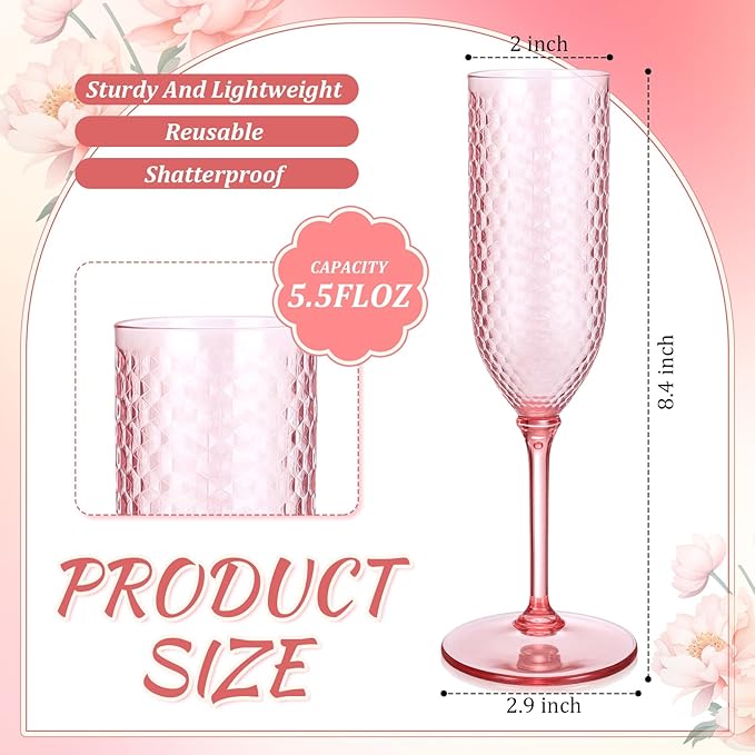 Remerry 48 Pack Detachable Plastic Champagne Flutes 5.5 oz Champagne Glasses Bulk Disposable Mimosa Glasses Reusable Wine Cups for Wedding Toasting Baby Shower Birthday Party New Years (Pink)