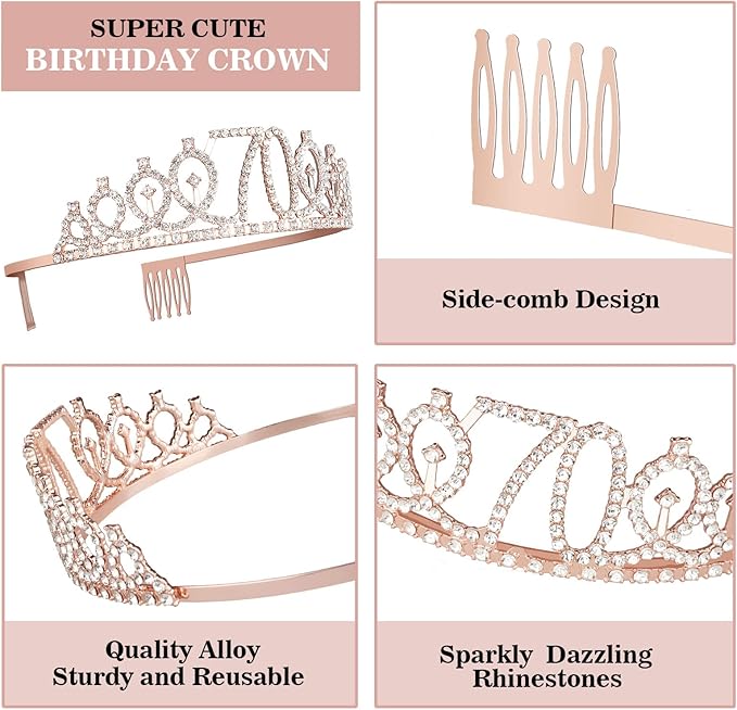 70th Birthday Decorations for Women, Including Sash, Crown/Tiara, Candles, Cake Topper, 70th Birthday Gifts for Women