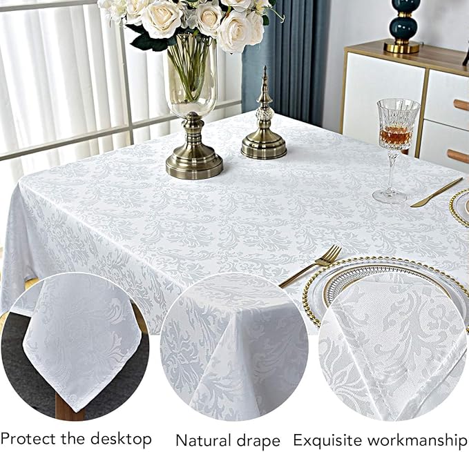 Rectangle Table Cloth - 52 x 70 Inch White Jacquard Tablecloths Damask Design Spillproof Wrinkle Resistant Shrinkproof Soft Tablecloth Polyester Oblong Table Cover for Kitchen Dinning Party Tabletop