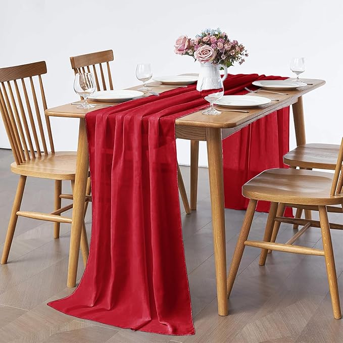 5 Pack 10Ft Red Chiffon Table Runner Sheer 29x120 Inch for Romantic Wedding Decor Bridal & Baby Shower Birthday Rustic Party Decoration