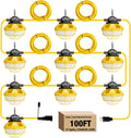 100FT Construction String Lights with Cage, IP65 Waterproof LED String Work Lights, 5000K Daylight 18AWG Wire Linkable Temporary Construction Lighting for Jobsite with 10 Bulbs & Hooks