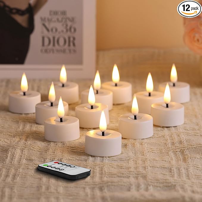 Eywamage White LED Tealights with Remote Batteries, Flickering Flameless Tea Lights Electric Votive Candles Set of 12