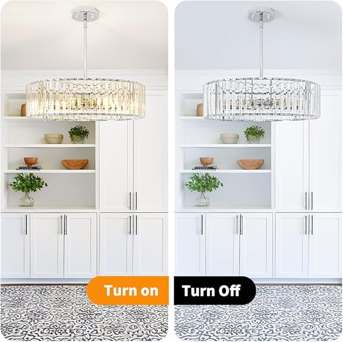 Modern Crystal Chandelier for Dining Room, 6 Light Chrome Semi Flush Mount Ceiling Light Fixtures, 19in Hallway Fixture, Round Kitchen Hanging Drum Pendant Lights Ceiling for Living Room Bedroom Foyer