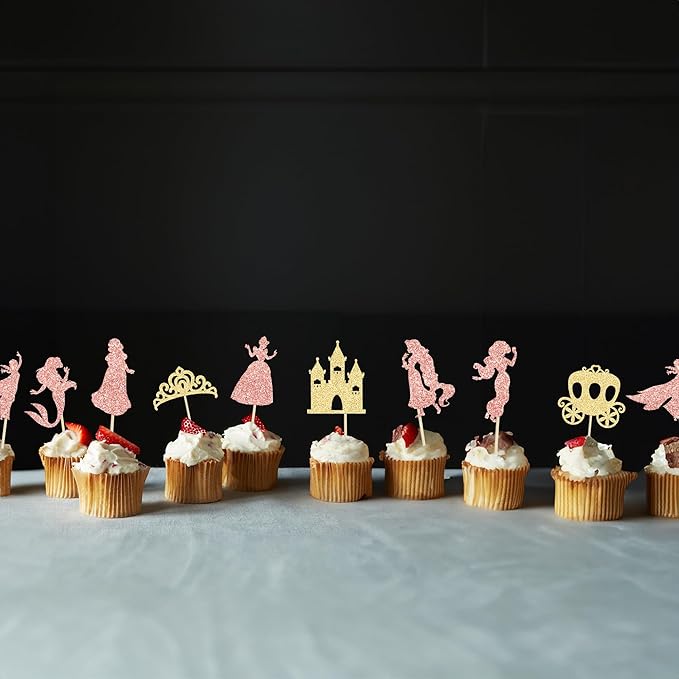 Gyufise 36Pcs Princess Cupcake Toppers Glitter Mermaid Girl Castle High Heel Crown Cupcake Picks Princess Theme Baby Shower Girls Birthday Party Cake Decorations Rose Gold