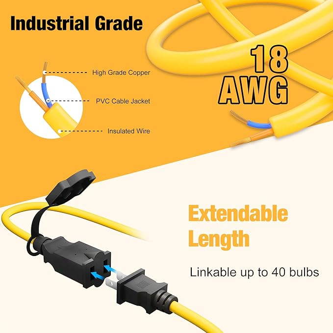 100FT Construction String Lights with Cage, IP65 Waterproof LED String Work Lights, 5000K Daylight 18AWG Wire Linkable Temporary Construction Lighting for Jobsite with 10 Bulbs & Hooks