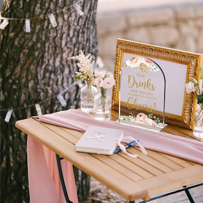 Acrylic Wedding Signs, Bridal Shower Decorations, The Drinks Signs for Reception, Modern Calligraphy Arch Acrylic Table Top Sign for Wedding Reception and Engagement Parties (Clear Pink Flowers)