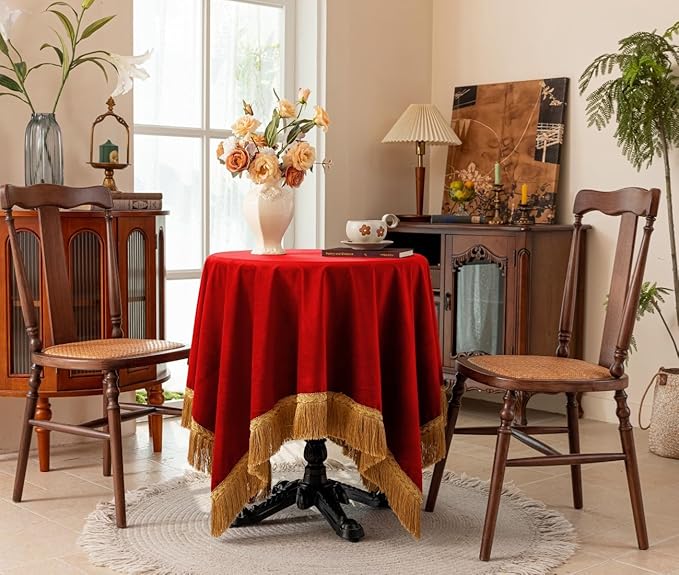 F-CHU Luxury Red Tablecloth Thickset Velvet Tablecloth with Beautiful Gold Tassels Vintage Table Cloth for Home Decor Wedding, Party, Banquet and Events 60x102-Inch