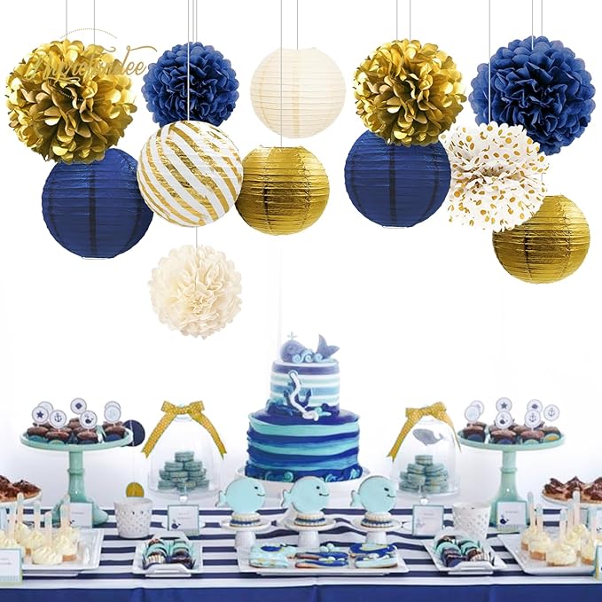 NICROLANDEE Navy Blue and Gold Decorations, 12PCS Hanging Paper Lanterns Tissue Pom Poms Decor for Graduation Party, Winter Wedding, Mens Birthday, Memorial Day Decorations, New Years Party Supplies