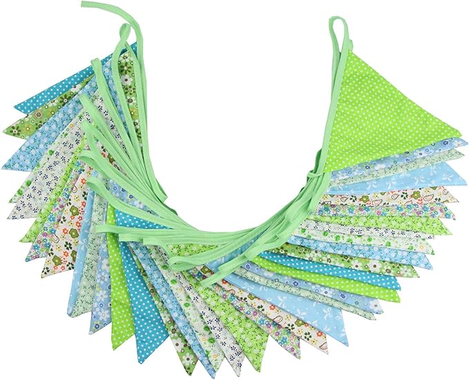 10M/32Ft Triangle Bunting Banner, 36 Pcs Cotton Fabric Flags Pennant Garlands for Birthday Party, Wedding, Baby Shower, Outdoor and Home Decorations (Green)
