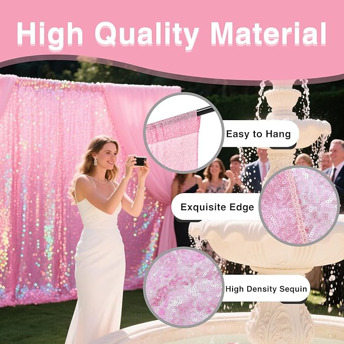 VOK Pink Sequin Backdrop Curtains 2 Panels 2FTx8FT Glitter Photography Background for Wedding Birthday Christmas Party Decorations