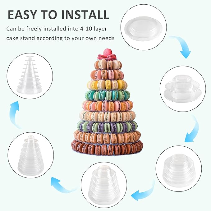 10 Tiers Macaroon Tower Stand with 8'' Silicone Tongs, Round Macaron Tower Cake Display Rack Plastic Cupcake Stand Macarons Desserts Serving Tray for Birthday Wedding Party Decor (10 Tiers with Tongs)