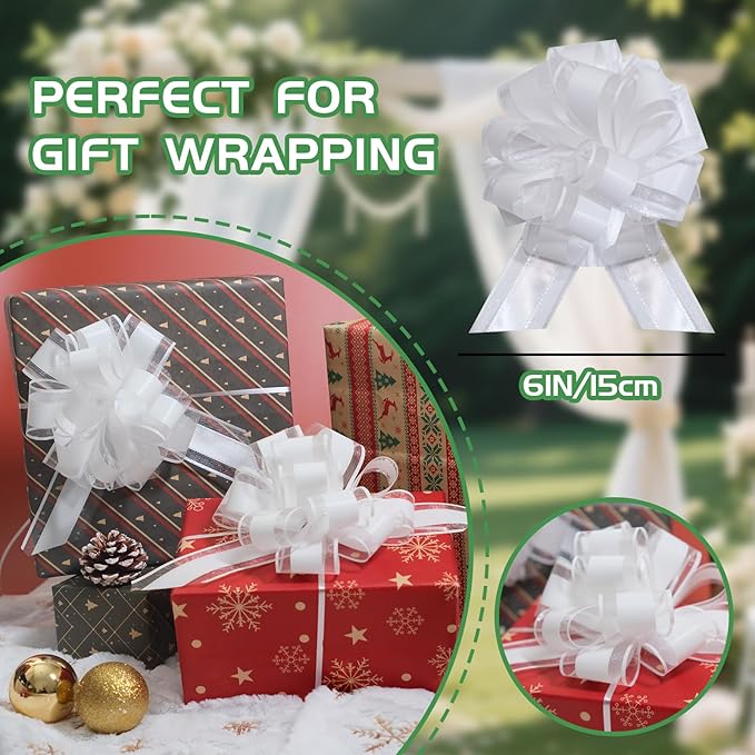 6 Pcs 6 Inch White Pull Bows, Perfect for Gift Wrapping, Weddings, Party Decorations, Crafts Easy-to-Use Ribbon Bows for Gifts and Events