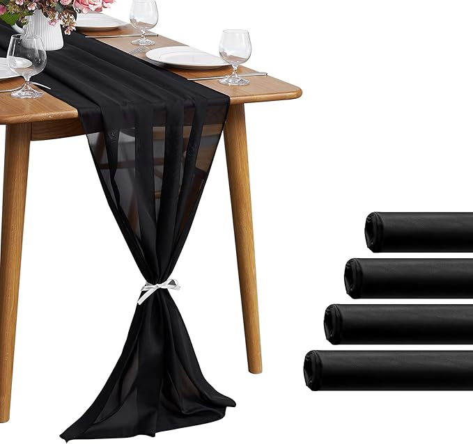 5 Pack 10Ft Black Chiffon Table Runner Sheer 29x120 Inch for Romantic Wedding Decor Bridal & Baby Shower Birthday Rustic Party Decoration