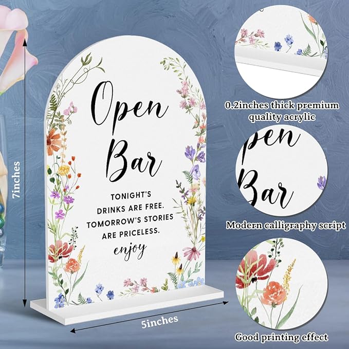 Acrylic Wedding Signs, Open Bar Signs for Marriage Reception, Bridal Shower Decorations, Modern Arched Round Top Acrylic Table Top Sign with Holder for Wedding Party Dinner (White Wildflowers)