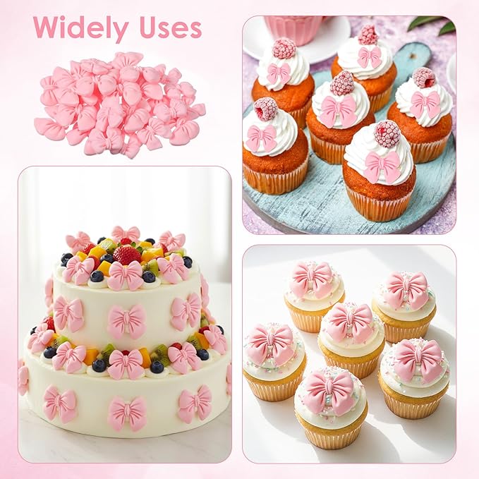30Pcs Pink Bow Cupcake Decorations, Bow Cake Topper Supplies, Pink Bows Cupcake Toppers, Bowknot Cupcakes Toppers Cake Dessert Picks Decoration for Baby Shower Birthday
