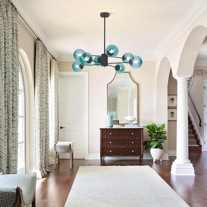 KCO Lighting Modern 8-Lights Blue Glass Sputnik Chandelier Mid-Century Matte Black Globe Flush Mount Chandelier Industrial Large Glass Ball Sputnik Chandelier Pendant Lamp (Black+Blue)