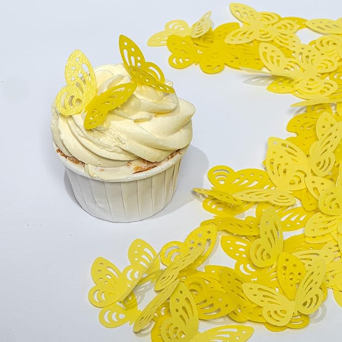 Edible Flowers -Edible leaves -Edible butterflies Wafer Paper Cake Cupcake Toppers for Decorating Rice Paper Food Decorations for Baking Girl Birthday Party (Yellow butterflies60)