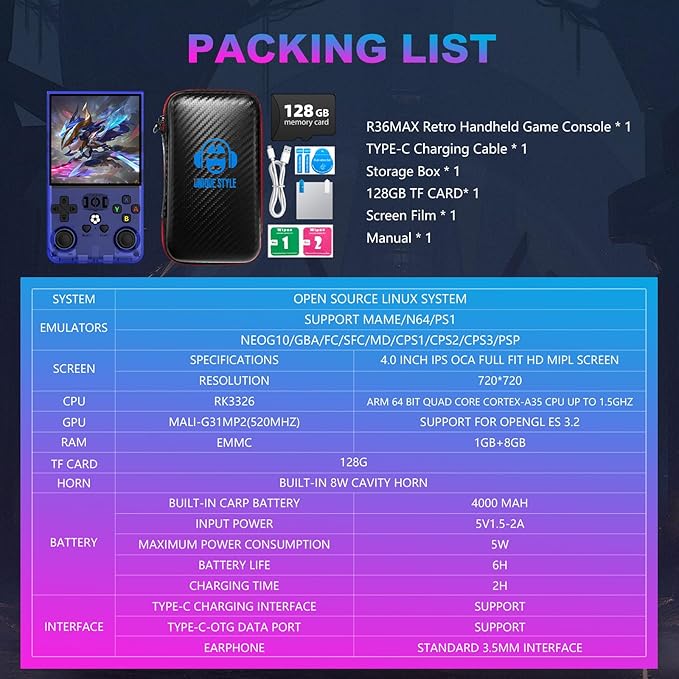 R36MAX Retro Handheld Game Console, 4.0 Inch 720x720 IPS Screen, Built-in 22,000+ Classic Game, Portable Hand Held Open Source Linux System, 4000mAh Battery Retro Gaming Console (Blue 128GB)