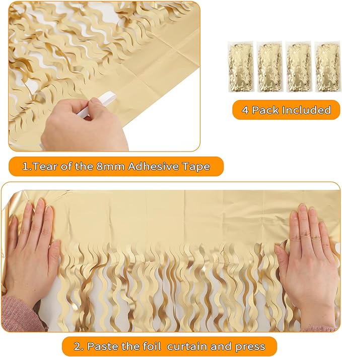 4 Pack Wavy Champagne Gold Metallic Tinsel Foil Fringe Curtains Backdrop - 3.3X6.6ft Foil Fringe Backdrop for Parties | Door Streamers for Birthday | Photo Booth Backdrops Party Decor