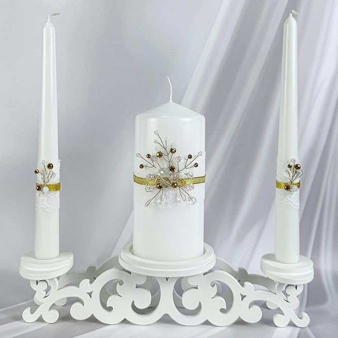 Unity Candle Set - Wedding Ceremony & Reception – 6” Pillar & Two 10” Taper Candles – Long Burning Unity Candles for Marriage Ritual – Handmade in USA – Diamond |Gold